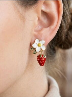 Strawberry Flower Drop Earrings - Red & White
